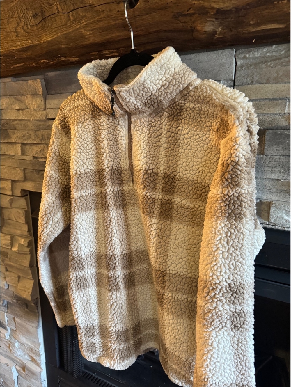 Stillwater Supply Co. Cozy Beige and Brown Plaid Sherpa Pullover Jacket